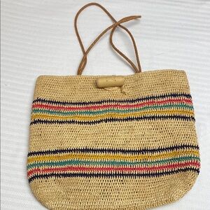 MAR Y SOL Tote Hampton Striped Raffia Toggle Closure Lined Leather Handles